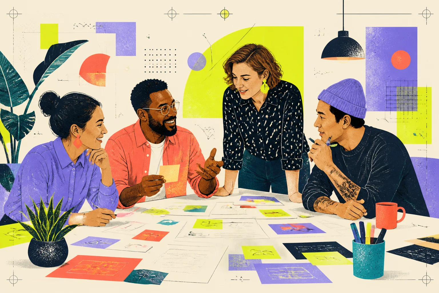 Four colleagues exchanging ideas around a shared project table in an editorial illustration