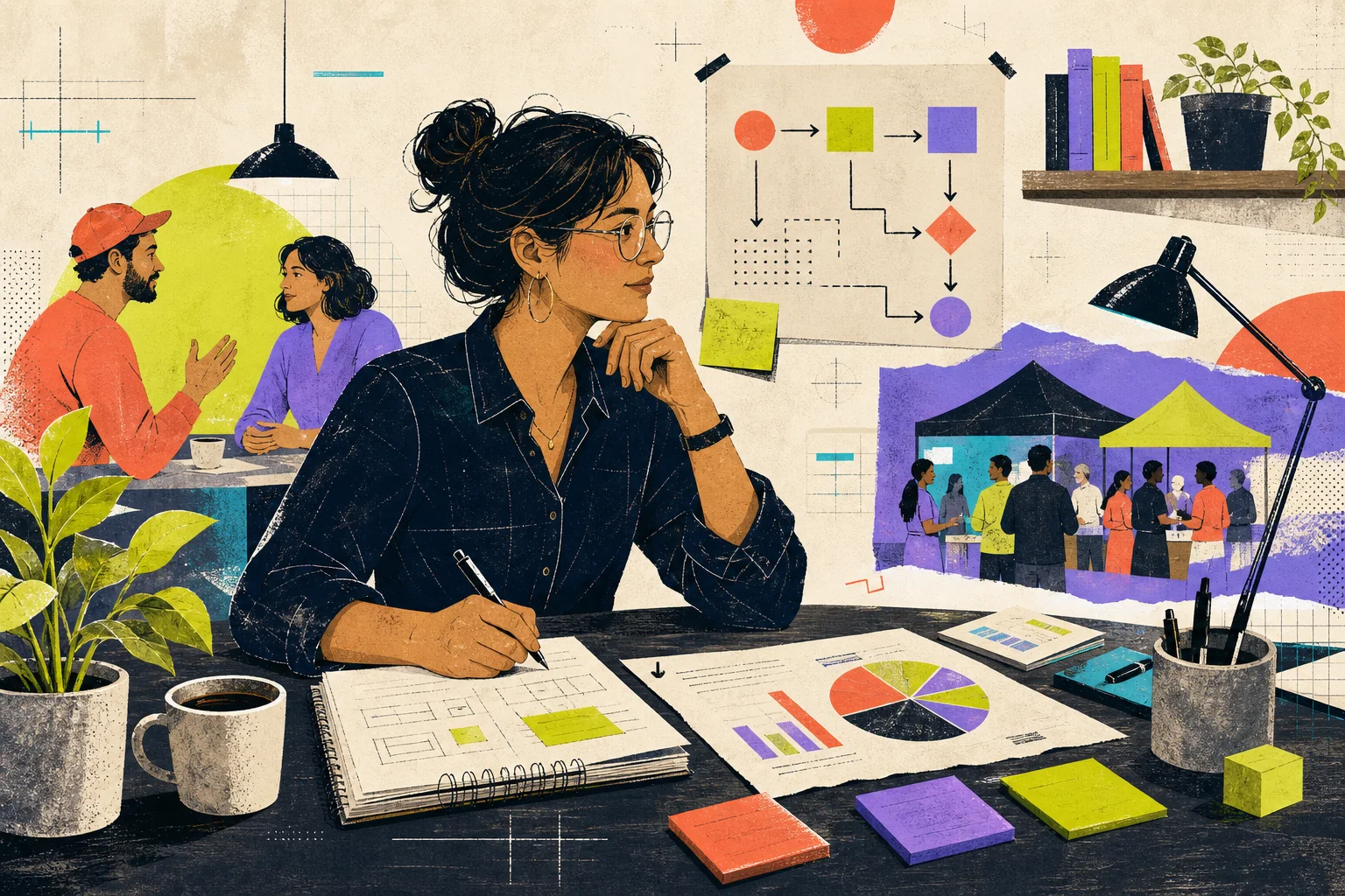Small-business owner planning operations, customer outreach, and marketing in an editorial illustration