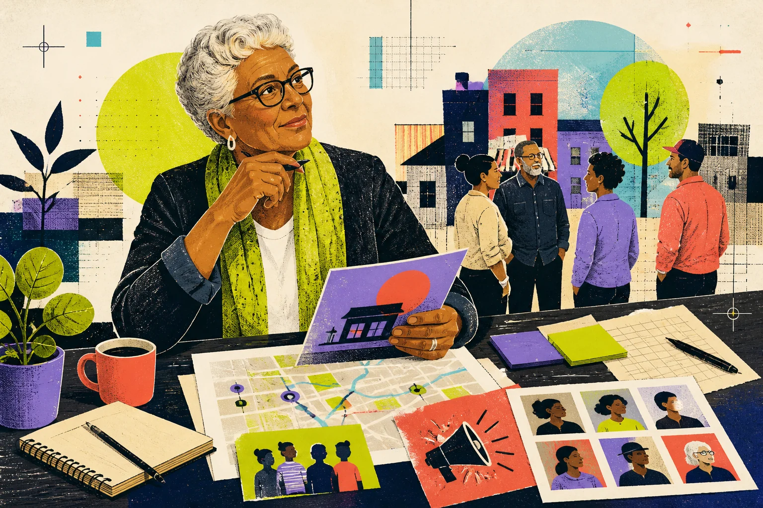 Older entrepreneur planning a local marketing campaign with maps, flyers, and customer profiles